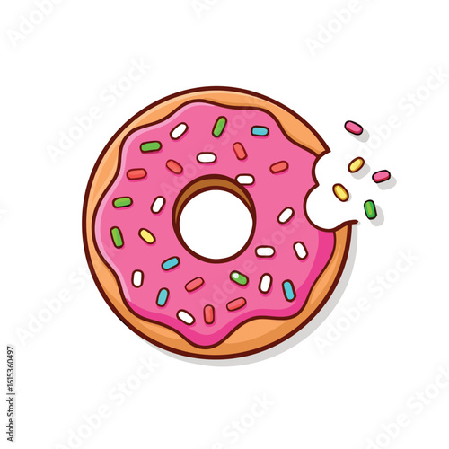 Pink frosted donut with colorful sprinkles and bite marks frosting