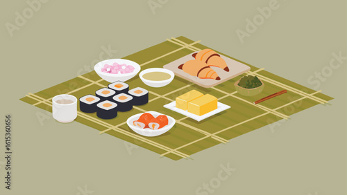 Isometric view of a japanese style picnic with sushi croissants and other food items on a mat