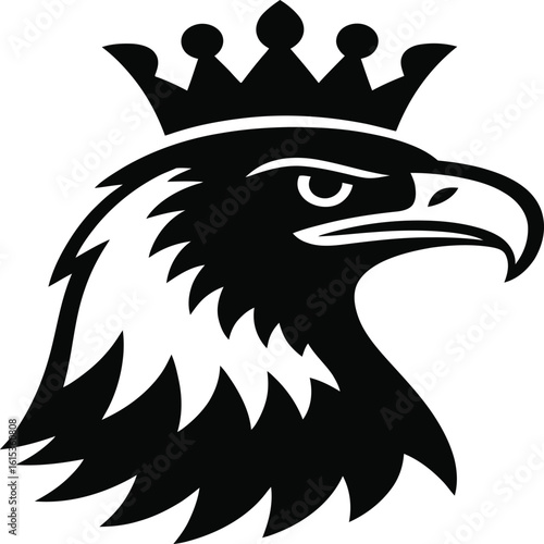 A striking illustration of an eagle's head adorned with a crown, showcasing its powerful features and fierce expression. This bold design captures the essence of strength and nobility, making it.