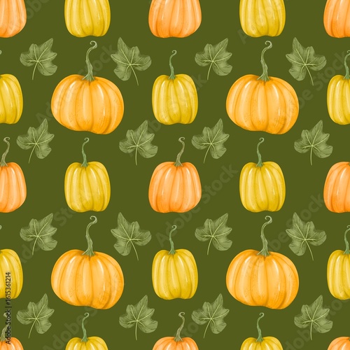 Seamless pattern pumpkin, harvest, autumn, leaves.Watercolor style, hand drawn. Floral, botanical. Background, Textile, fabric, paper, clothes, greeting card design