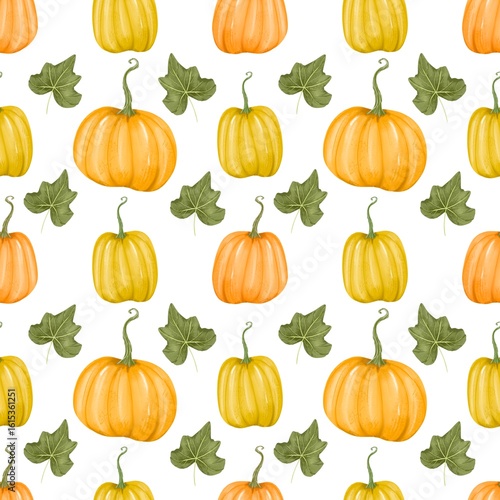 seamless pattern with pumpkins. Seamless pattern pumpkin, harvest, autumn, leaves.Watercolor style, hand drawn. Floral, botanical. Background, Textile, fabric, paper, clothes, greeting card design, 