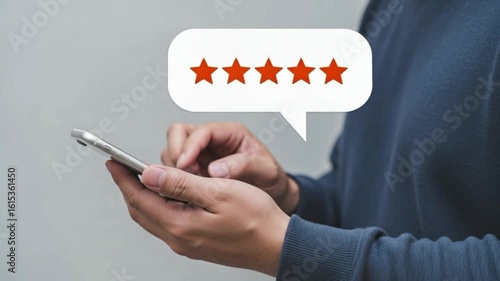 A close-up shot features a person interacting with a smartphone. A speech bubble, adorned with five stars, floats above the phone, capturing the essence of a positive review.