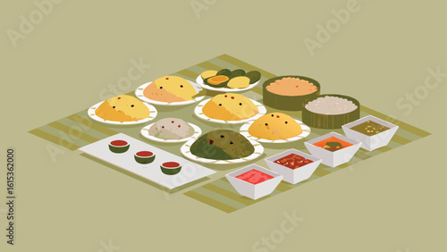 Isometric display of various dishes including rice bowls and sauce bowls on a striped surface