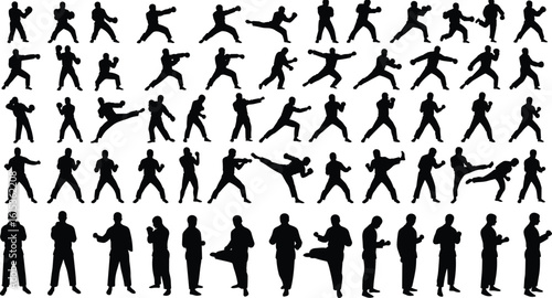 Karate martial arts silhouette collection, action poses of male fighters, combat training vector illustration, self defense movement set, kick stance, sport man icon pack