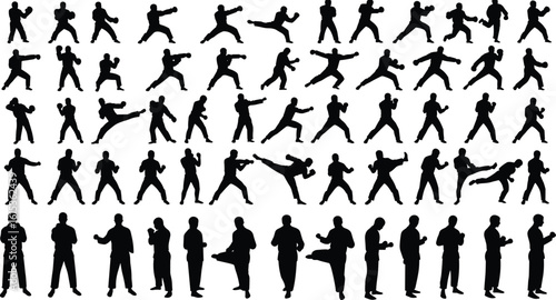 Martial arts silhouette male poses, karate combat training stance set, vector action fighter figure, self defense illustration, kickboxing icon movement collection clipart isolated