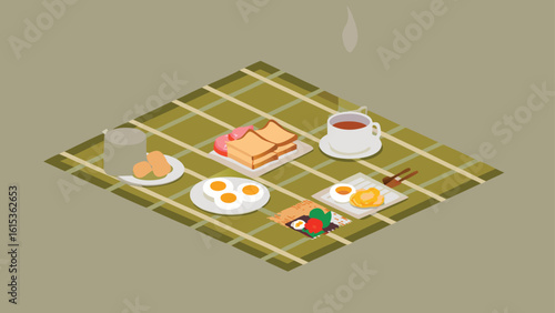 Isometric view of a breakfast picnic with eggs toast juice and coffee on a checkered blanket