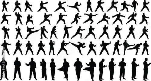 Silhouette collection of male martial arts poses, action stance illustration, self defense training clipart, karate fighter movement icons, vector combat sequence graphics design