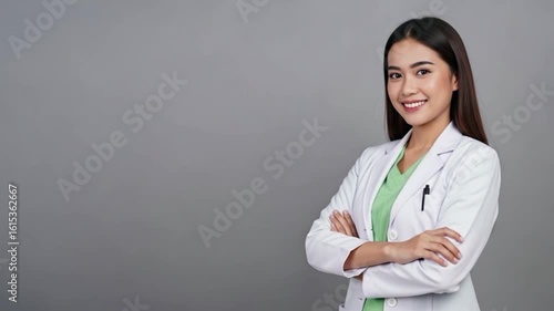 A portrait of a confident and skilled female doctor with a warm smile, standing against a soft grey background, embodying professionalism, expertise, and care.