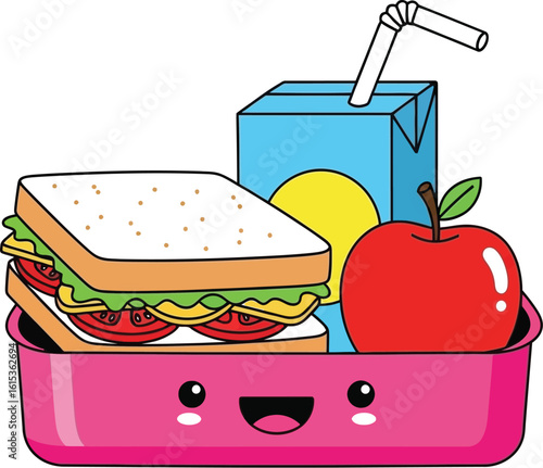 Vector art of a cute cartoon lunchbox with a sandwich, apple, and juice box, isolated on white background