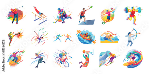 Dynamic Colorful Vector Illustrations of Diverse Athletes in Action:  Summer and Winter Sports.