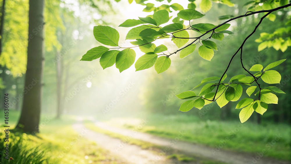 Fototapeta premium Sun drenched forest path beckons with vibrant green leaves and tranquil morning light creating a serene escape for wellness and nature lovers generative ai.