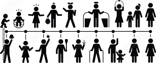 Diverse group of stick figure people representing different professions and life stages