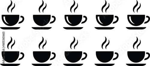 Seamless pattern of steaming coffee cups in black and white