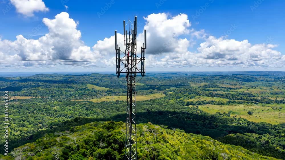Cell Tower on Mountain Top with Blue Sky and Clouds, Aerial View