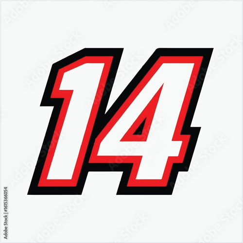 Bold Number 14 with Red and Black Outline – Sports and Racing Graphic