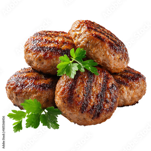 A stack of five grilled meatballs garnished with fresh parsley leaves isolated on transparent background