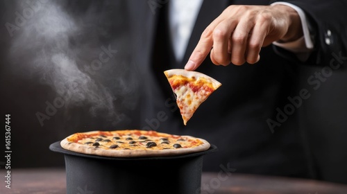A magician pulling random objects like pizza slices from a top hat