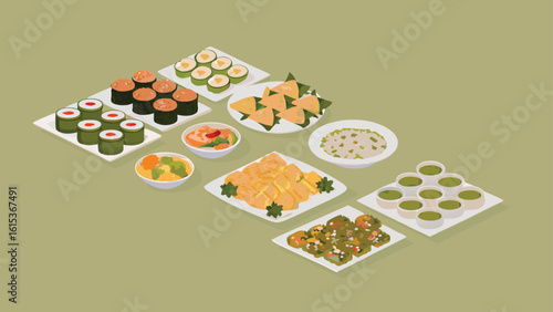 Isometric view of assorted sushi rolls and various dishes on white plates arranged on a table top