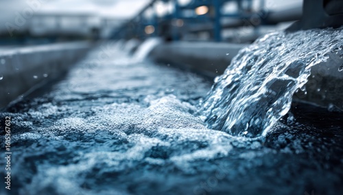 A close-up view captures the dynamic flow of clear water cascading into a channel, showcasing its refreshing purity and movement.