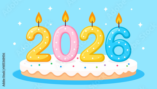 Colorful 2026 birthday candles atop a frosted cake, celebrating the new year.
