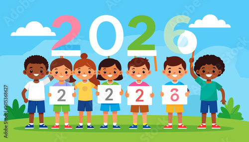 Happy children celebrating the new year 2026, holding signs.