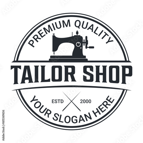 Old sewing machine for vintage tailor shop, tailor logo design Vector Template Illustration