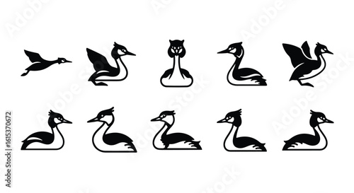 Vector silhouette illustration a black and white silhouette of a grebe bird, isolated on a white background