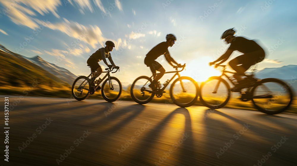 Obraz premium Two active riders enjoying a scenic bike ride together on a beautiful open road in nature