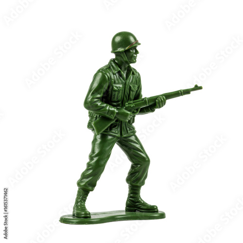 Classic green plastic army man toy figure with rigid matte green texture and uniform details in a standing pose, on a seamless transparent background with diffused shadowless studio lighting,