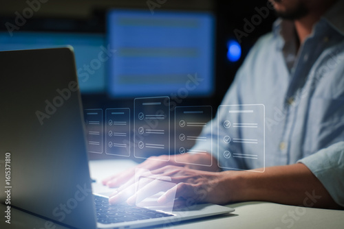 Quadro em tela Online survey and digital form checklist by laptop computer, Document Management Checking System, online documentation database and process manage files