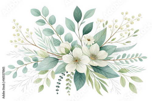 Elegant white floral arrangement with greenery on black background