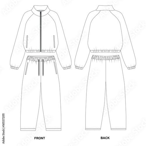 vector illustration of a fashion sketch of a windbreaker and joggers. Sketch of an empty template for a windbreaker with a zipper and loose jogger pants with an elastic waistband, front and back views