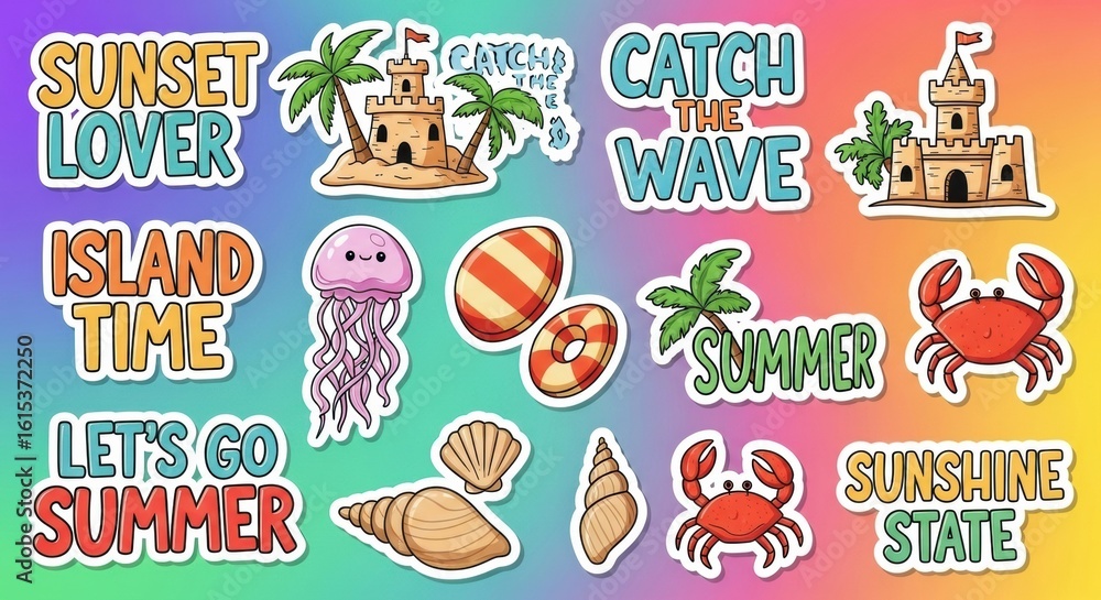 Fototapeta premium Vibrant summer vacation stickers featuring cartoon illustrations of sea creatures and landscapes