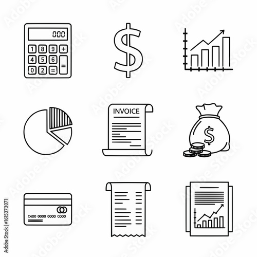 Set of Finance and Business Icons in Line Art Style