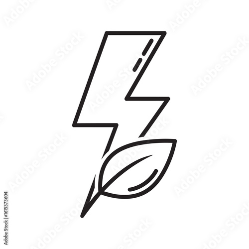 Green energy icon with lightning bolt and leaf symbolizing renewable power eco friendly electricity and sustainable natural resources line vector stroke