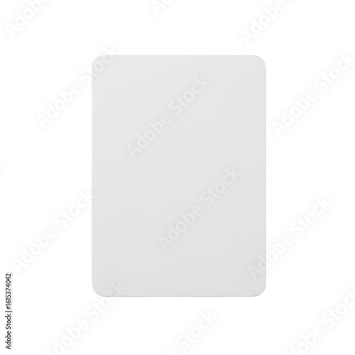 Pristine transparent blank standard-sized playing card, matte white cardstock, perfectly flat on a seamless infinite white background, top-down flat lay, shadowless studio lighting, sharp focus,