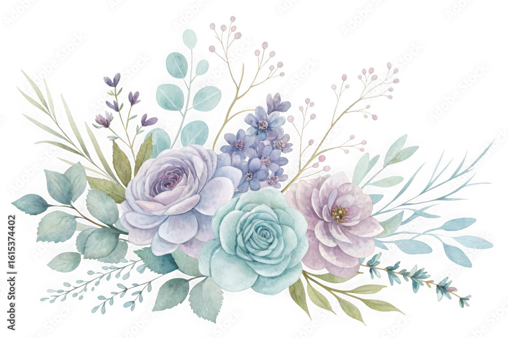 Fototapeta premium Soft pastel watercolor floral arrangement with eucalyptus