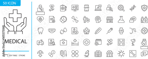Medical Icon Array: An extensive collection of precisely crafted medical icons, elegantly rendered in a clean, simple design.