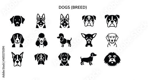 Vector silhouette illustration a diverse set of black and white dog portraits, featuring various breeds like bulldog, poodle, and chihuahua, presented as simple icons