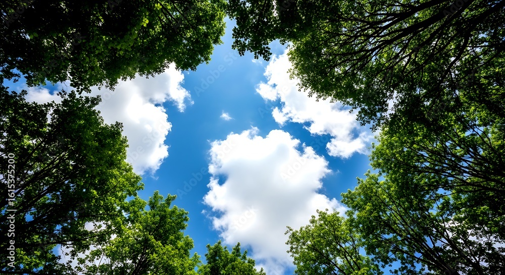 Fototapeta premium Looking up through green trees at a bright blue sky with white clouds image