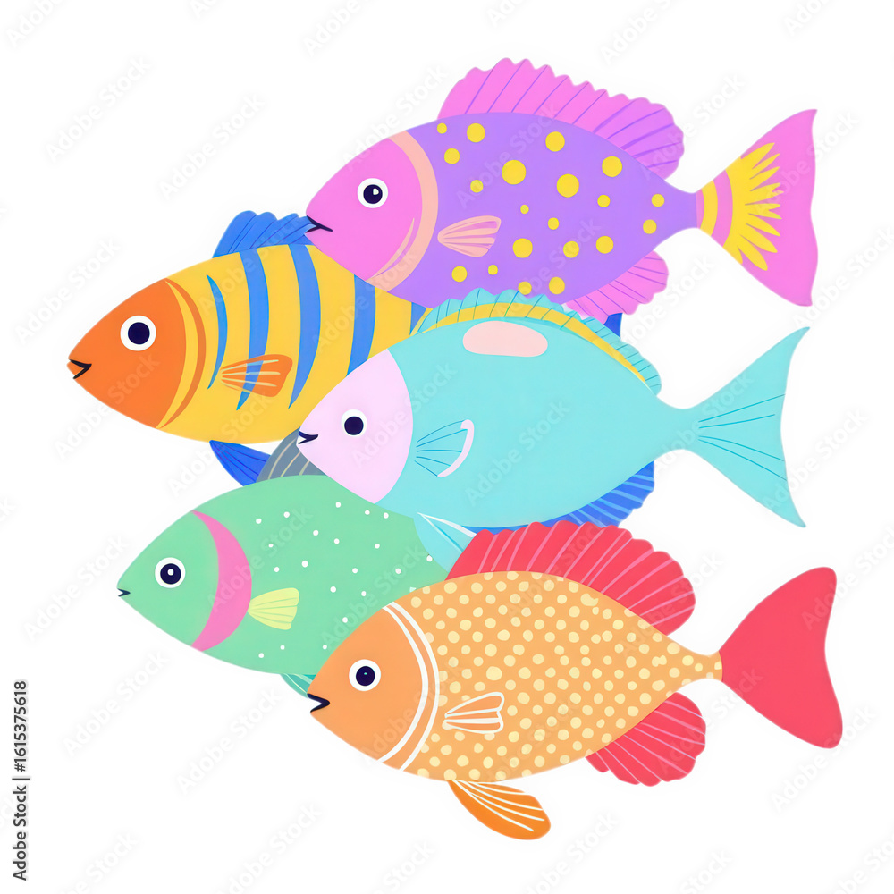 Fototapeta premium A group of cartoon fish with different colors and patterns swimming together on a black background