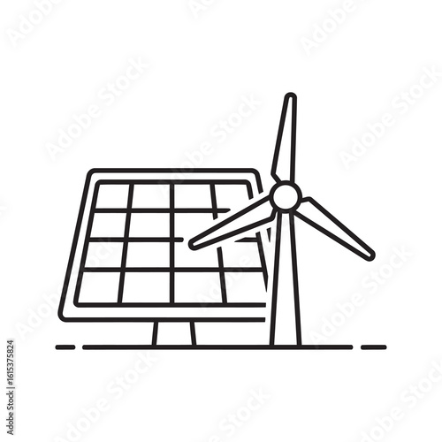 Wind energy icon with solar panel and wind turbine representing renewable power generation and sustainable eco friendly technology line vector stroke