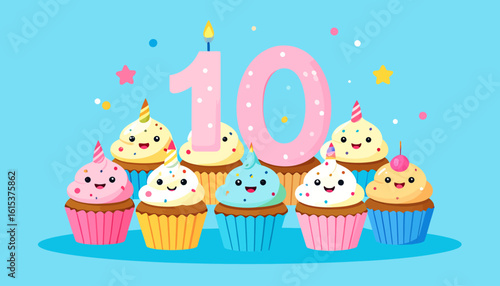 Adorable cupcakes with smiling faces surrounding a pink number ten candle, celebrating a birthday.