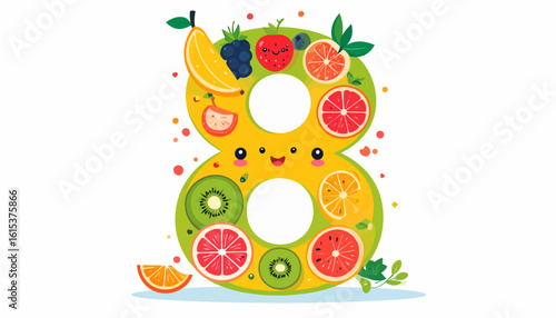 Illustrated number eight filled with various colorful fruits, featuring a cute smiling face and playful design.