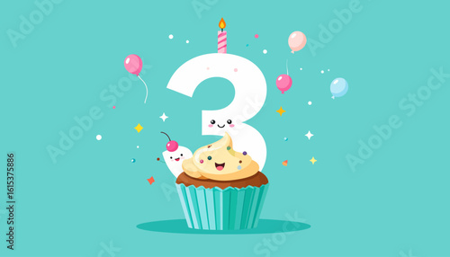 Cute cupcake and number three celebrate a third birthday with balloons and confetti.