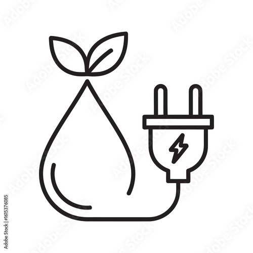 Green bioenergy vector icon illustrating sustainable power source using organic leaf water drop for renewable electricity technology innovation concept line stroke