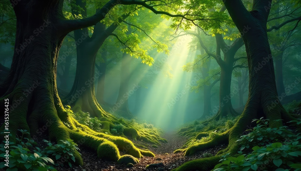 Obraz premium Majestic ancient forest, sunlight dappling through leaves onto a mossy forest floor, creating a magical atmosphere Perfect for nature, environmental, and fantasy themes , calm, leaves
