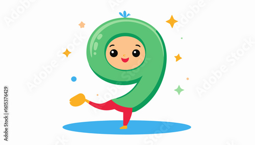 A cheerful cartoon character, the number nine, balancing on one leg with a smile.