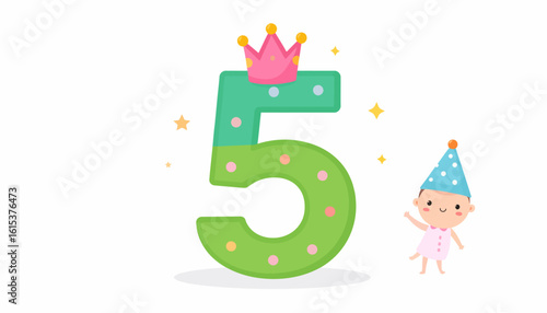 Illustration of the number five with a crown and a baby figure, symbolizing a fifth birthday celebration.