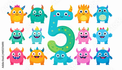 Cute cartoon monsters arranged around the number five, a playful illustration for children.